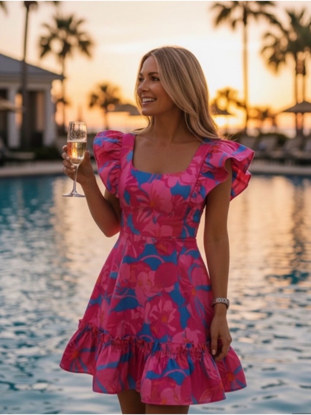 Tuckernuck Bright Pink & Blue Floral Midi Dress